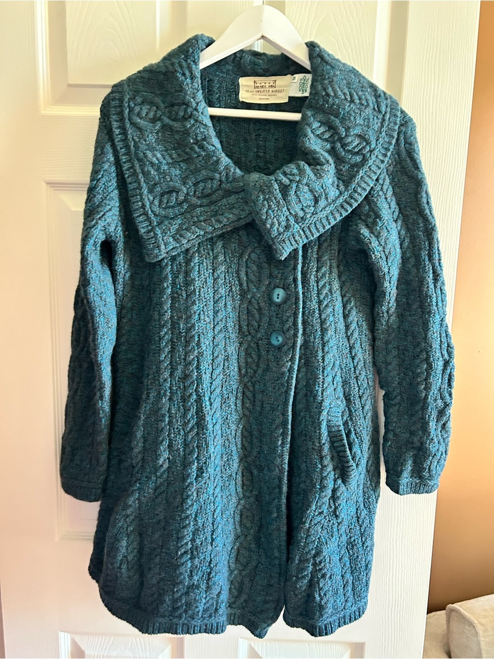 Women's Teal Cable-Knit Button Sweater Coat